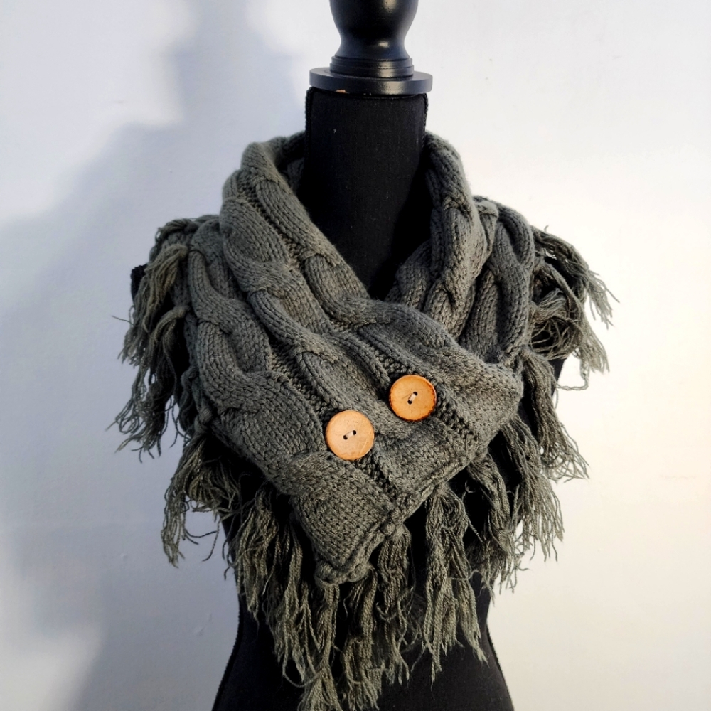 Tickled Pink Gray Knit Scarf with Fringe and Buttons - Picture 2 of 6
